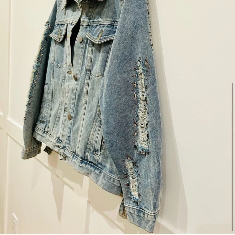 Blue B Collection Embellished Beaded Rhinestone Jean Jacket (L)